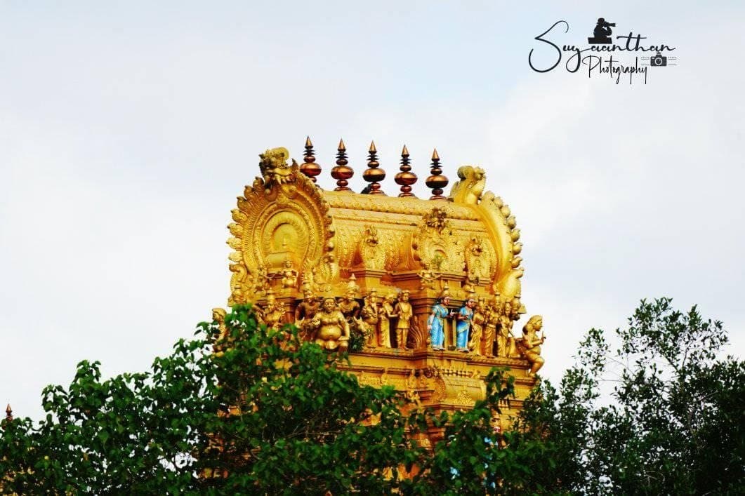 Top of the gopuram backlit by the sky