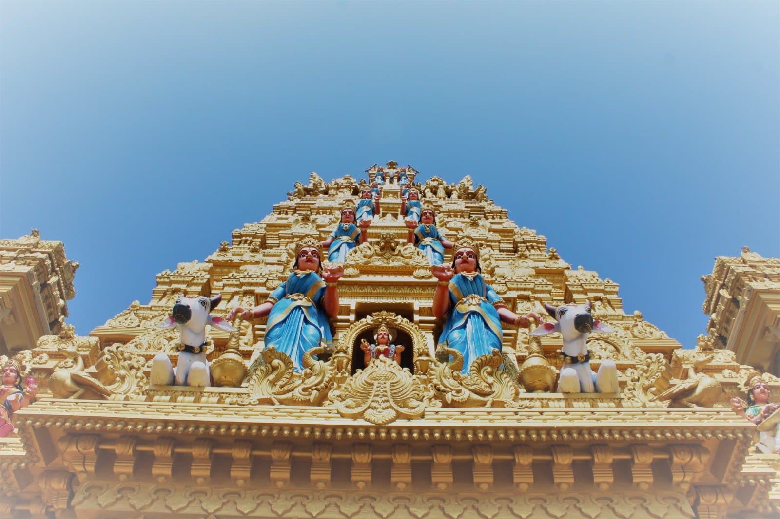 Close-up of the temple gopuram — the centrepiece of the temple's recent works